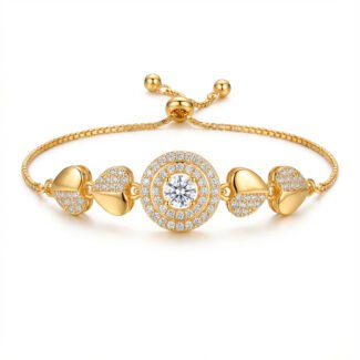 luxe gold heart halo diamond bracelet for women premium adjustable chain with solitaire center stone