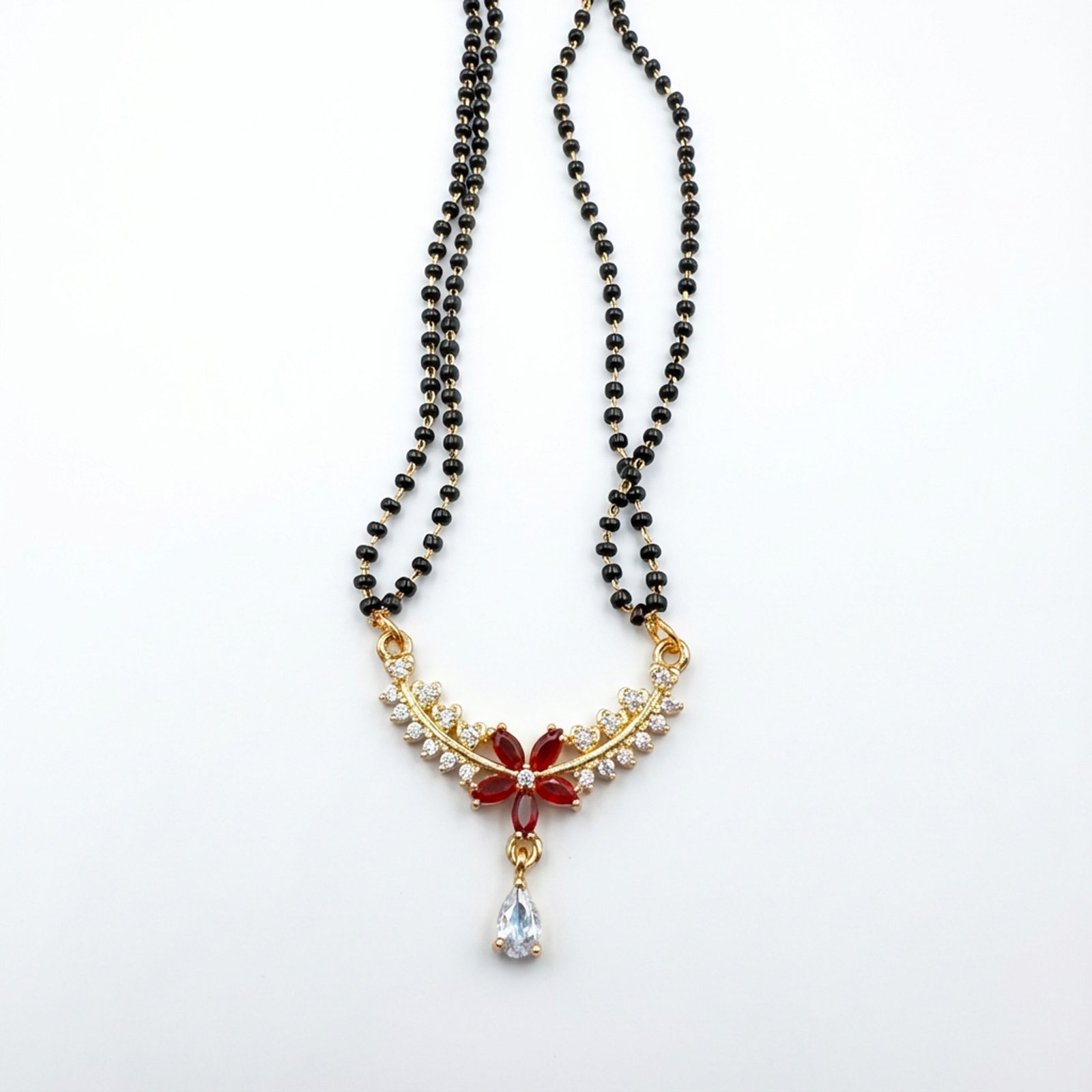 premium gold plated mangalsutra with black beads & diamond studded pendant traditional bridal jewelry