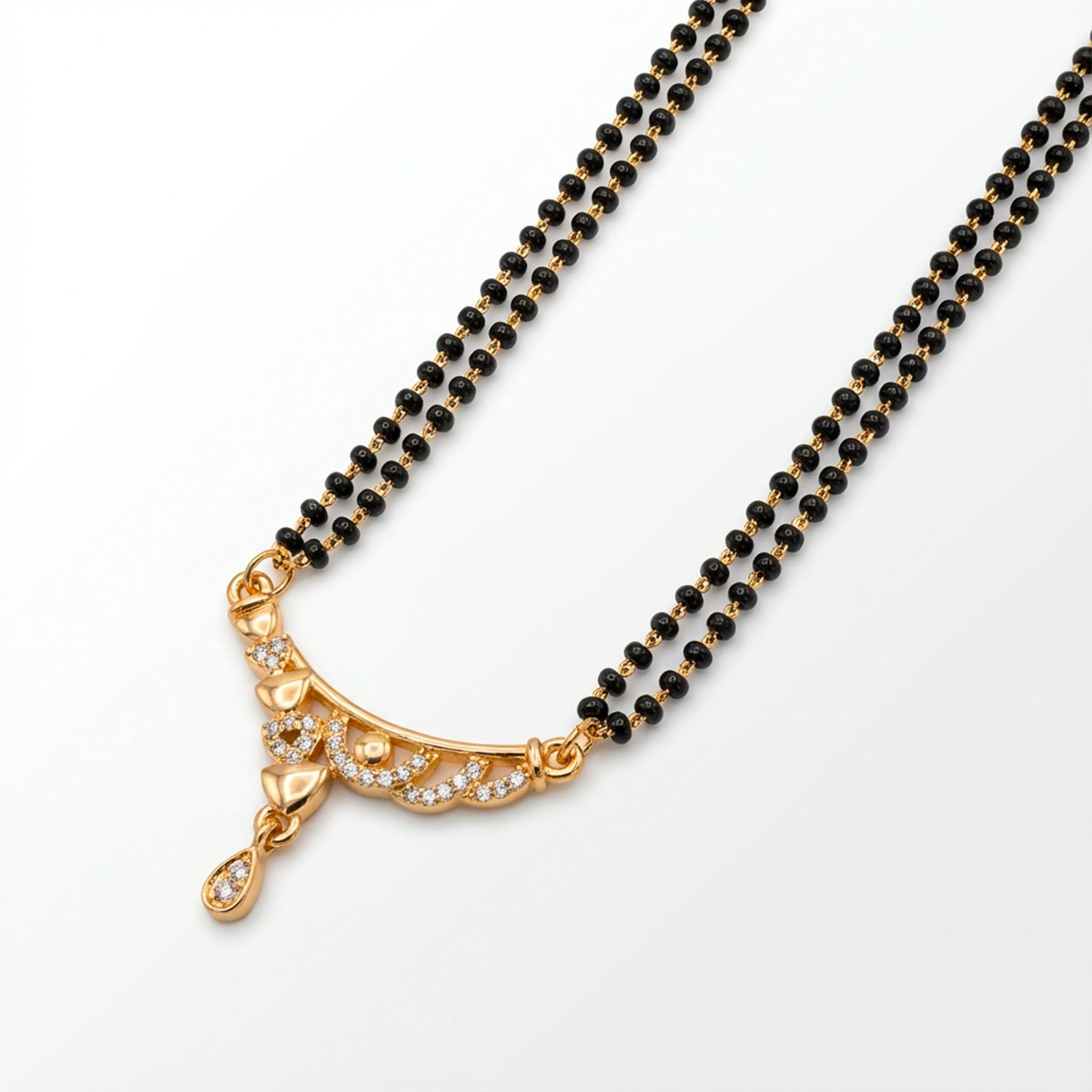 premium gold plated mangalsutra with black beads & diamond studded pendant traditional bridal jewelry