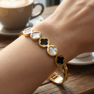 luxe golden clover kada premium black & white enamel bracelet for women | designer hand cuff bangle