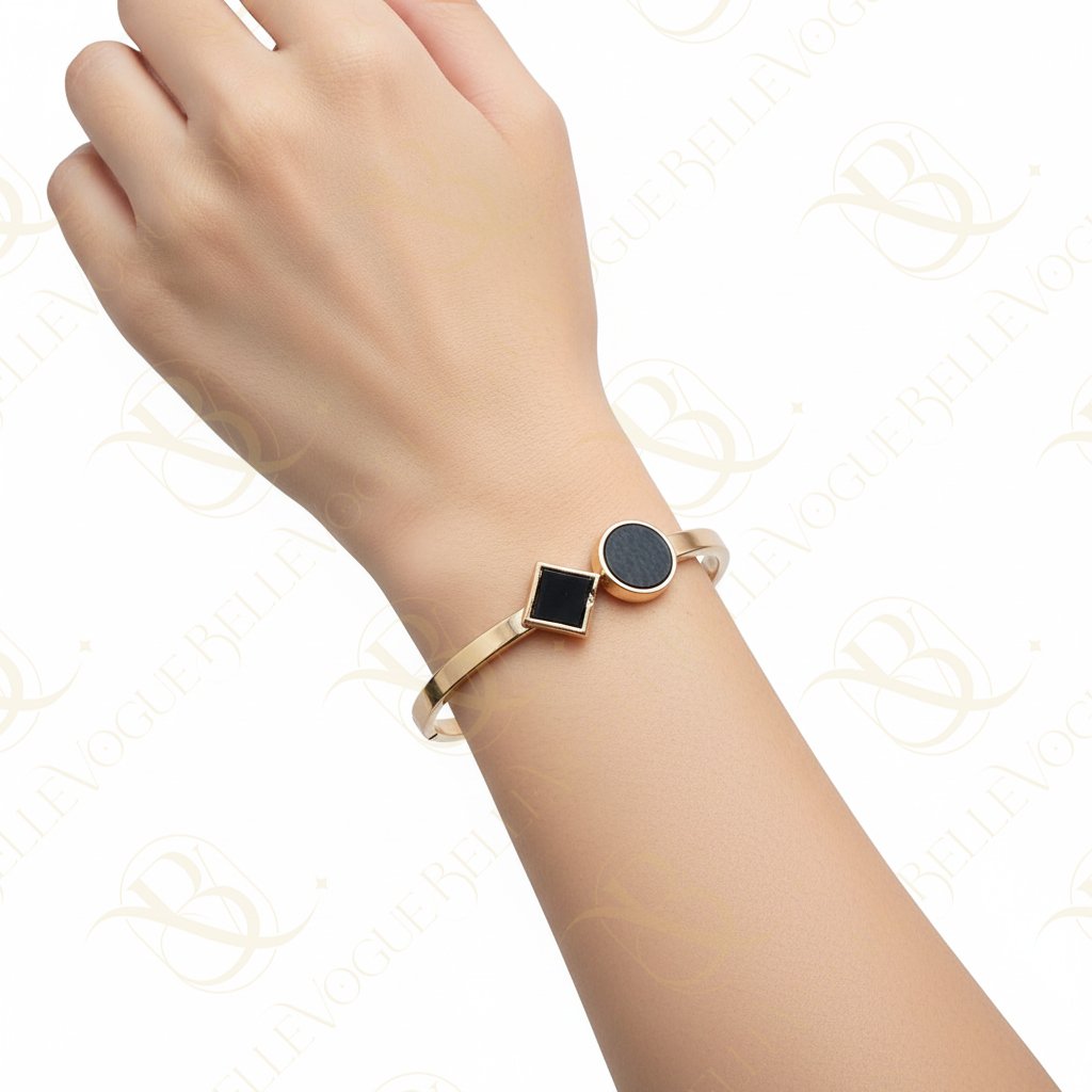 geometric rose gold kada with black stone inlay — luxury hand kada