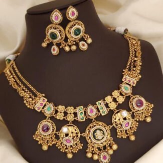 heritage antique temple necklace set with earrings | kundan‑style stones, enamel detailing, adjustable fit