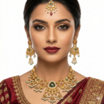 Antique Matte Gold-Plated Kundan Choker Necklace Set with Ruby & Emerald Accents