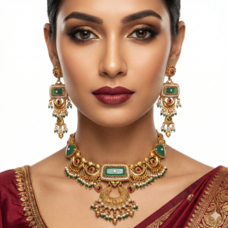Royal Antique Gold-Plated Choker Set with Green Stones, Ruby Accents & Pearl Clusters | Traditional Temple Jewelry