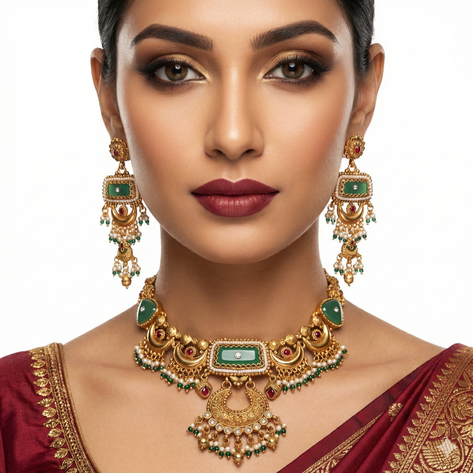 Royal Antique Gold-Plated Choker Set with Green Stones, Ruby Accents & Pearl Clusters | Traditional Temple Jewelry