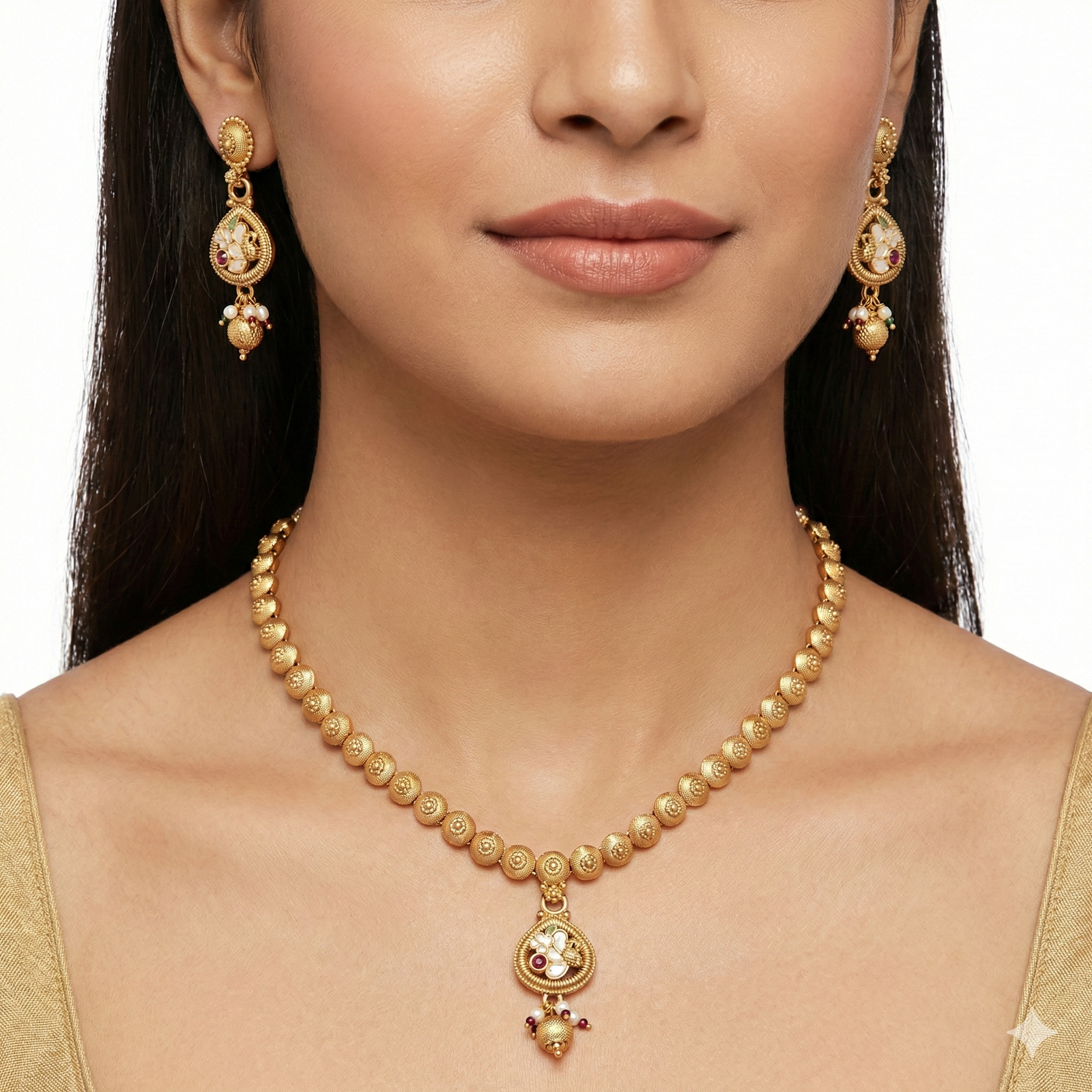 Antique Matte Gold Floral Pendant Necklace Set with Ruby Accents & Pearl Drops