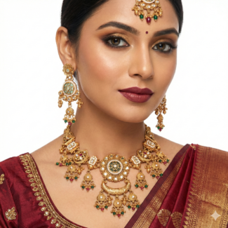 Royal Antique Gold-Plated Kundan & Pearl Necklace Set with Green & Ruby Accents