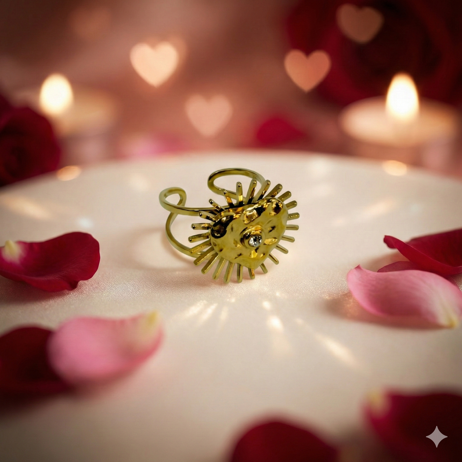 Radiant Heritage Heart Ring – Gold Sunburst with Crystal Center