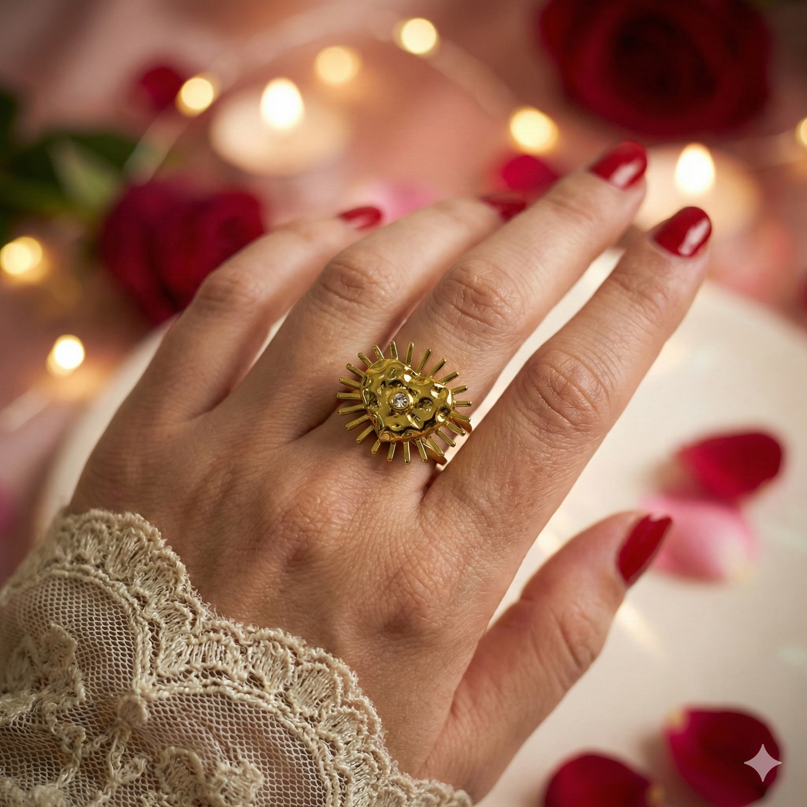 Radiant Heritage Heart Ring – Gold Sunburst with Crystal Center