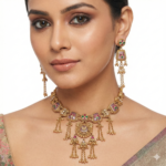 Antique Matte Gold Finish Necklace Set with Ruby Pink & Emerald Stones – Floral & Geometric Design with Cascading Gold Tassels