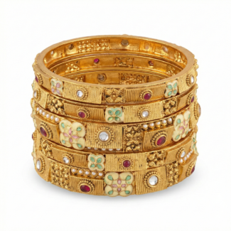 Royal Heritage Antique Gold Finish Meenakari Bangle Set with Ruby & Pearl Accents