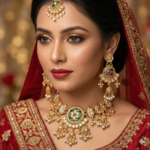 Opulent Kundan & Green Enamel Bridal Jewellery Set with Pearl Drops
