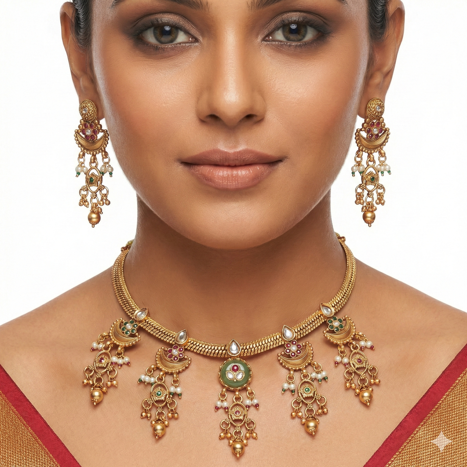 Regal Antique Matte Gold Choker Set with Ruby & Emerald Accents – Traditional Chandbali Motif