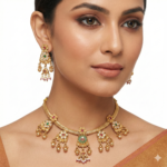 Antique Matte Gold Floral Necklace Set with Green Kemp Stones & Pearl Drops