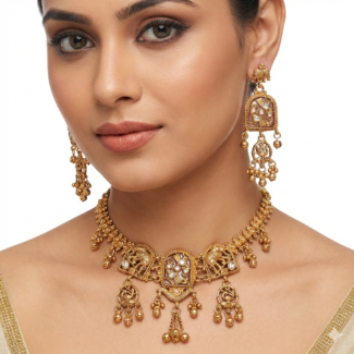 Royal Antique Matte Gold Temple Necklace Set with Intricate Peacock & Elephant Motifs