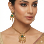 Antique Gold Plated Temple Jewelry Necklace Set with Emerald Green & Ruby Red Stones