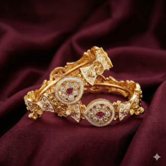 Exquisite Gold-Plated White Enamel (Meenakari) & Ruby CZ Bangles