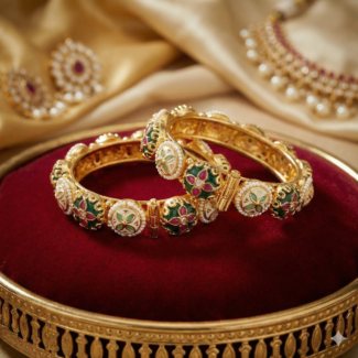 Exquisite Floral Jadau & Meenakari Gold-Plated Kada Bangles (Pair) – Green & Red Enamel