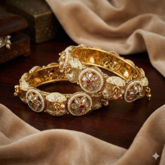 Royal Gold Plated Kundan & Meenakari Bangles with Pearl Accents