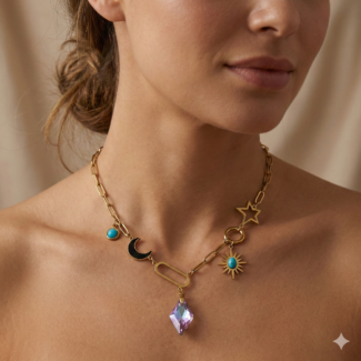Celestial Harmony Multi-Charm Necklace – Gold Link Chain with Iridescent Purple Crystal, Moon, Sun & Star Motifs
