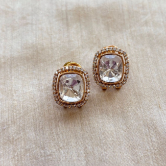 Exclusive Cushion-Cut Polki Stud Earrings with Pave Halo in Gold