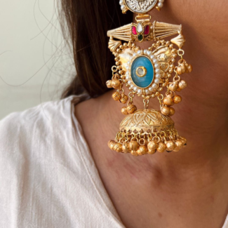 Antique Dual-Tone Statement Jhumka Earrings with Turquoise & Pearl Accents