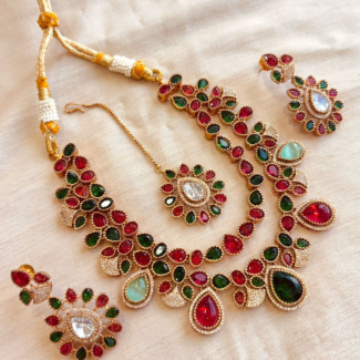 Royal Brass Polki Necklace Set with Maang Tikka & Earrings