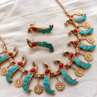 Exclusive Fusion Peacock Necklace Set | Turquoise & Ruby Enamel with Antique Gold Finish