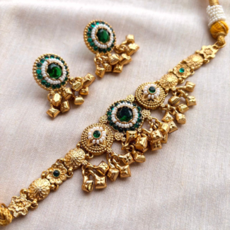 Antique Gold Polish Floral Choker Set with Green Stones & Pearl Accents | Traditional Indian Jewelry