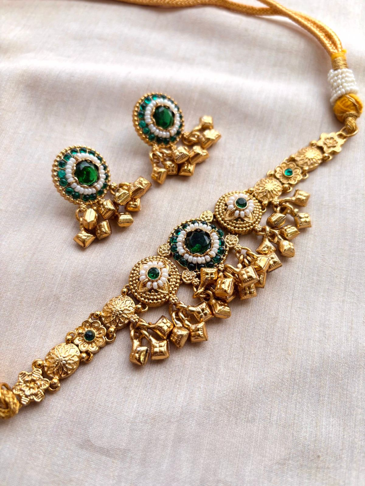 Antique Gold Polish Floral Choker Set with Green Stones & Pearl Accents | Traditional Indian Jewelry