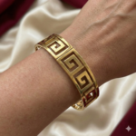 Polished Gold Greek Key Cut-Out Hinged Cuff Bracelet