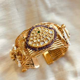 Handmade Fusion Adjustable Kada – Antique Gold Finish with Kundan & Bird Motif