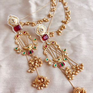 Royal Kundan Sahare Earrings with Ruby & Emerald Meenakari Work – Traditional Gold-Plated Bahubali Jhumkas