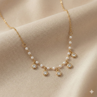 Dainty Gold-Tone Pearl & Crystal Drop Necklace | Minimalist Charm Choker