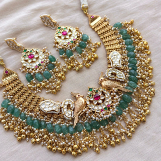 Exquisite Pachi Kundan Parrot Motif Necklace Set with Green Tumblestones & Pearls