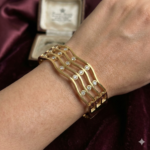 Luxury 18k Yellow Gold & Bezel-Set Diamond Wave Cuff Bangle Bracelet