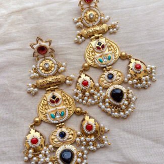 Royal Antique Gold Polish Long Dangle Earrings with Green Stones & Pearl Clusters