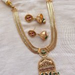 Antique Gold Polish Elephant Motif Multi-Strand Necklace with Jhumka Earrings