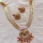 Antique Gold Polish Statement Necklace Set with Ruby & Pearl Accents | BelleVogue