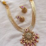 Antique Gold Polish Necklace Set with Kemp Stones & Matching Jhumkas – Traditional Temple Jewelry