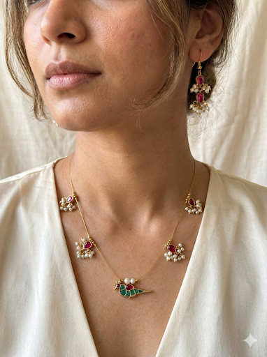 Pachi Kundan Delicate Bird Motif Necklace Set with Pearls – Ruby Pink & Green