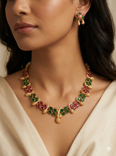 Antique Gold Polish Necklace Set with Ruby & Emerald Green Stones (Matte Finish)