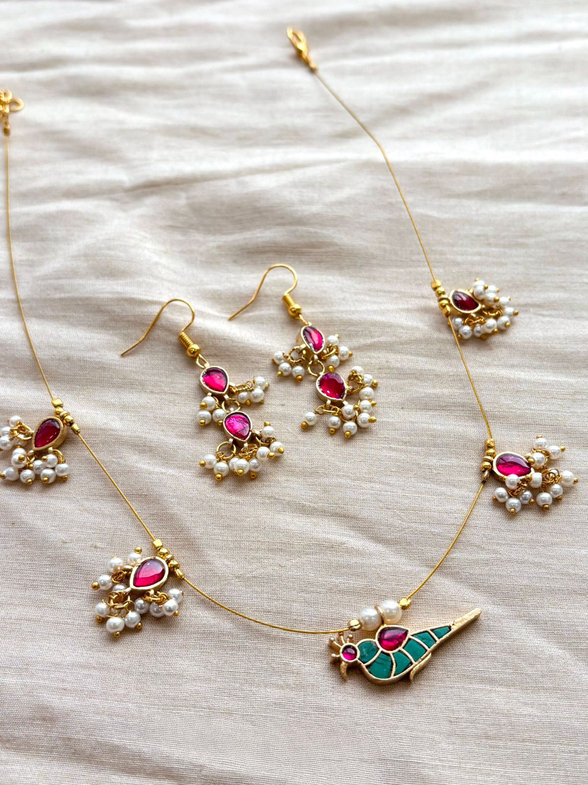 Pachi Kundan Delicate Bird Motif Necklace Set with Pearls – Ruby Pink & Green