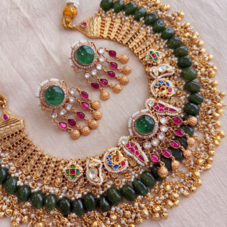 Royal Pachi Kundan Choker Necklace Set with Emerald Green Beads & Pearl Clusters | Traditional Wedding Jewelry