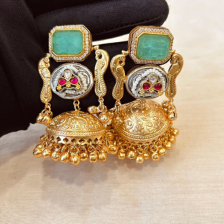 Royal Fusion Peacock Jhumkas | Emerald Green & Antique Gold Statement Earrings