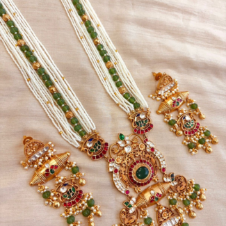 Regal Pachi Kundan & Pearl Rani Haar Necklace Set with Green Emerald & Ruby Accents