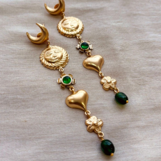 Celestial Harmony Gold Dangler Earrings with Emerald Green Accents – Sun, Moon & Heart Motif