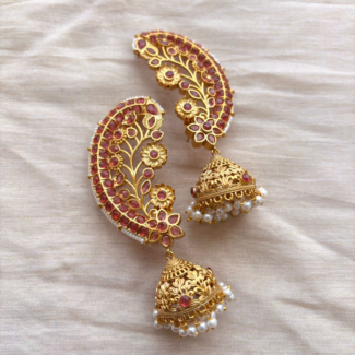 Antique Gold Polish Ruby Floral Ear Cuff Jhumka Earrings with Pearl Clusters