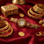 Navratna Floral Cluster Heritage Bracelet Watch With Emerald Cabochon