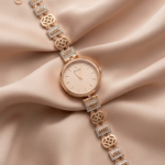Vintage Gold Floral Bracelet Watch With Stone Accents